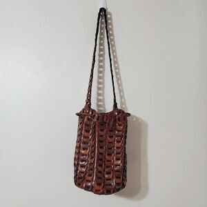 Y & S Brown Leather-look Hobo Bucket Bag Chain Link Draw String Purse